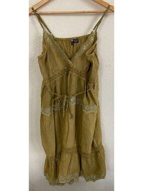 Kaaku Blouse Tunic Free Size Embroidered Sequin Green Tie Waist Spaghetti BOHO